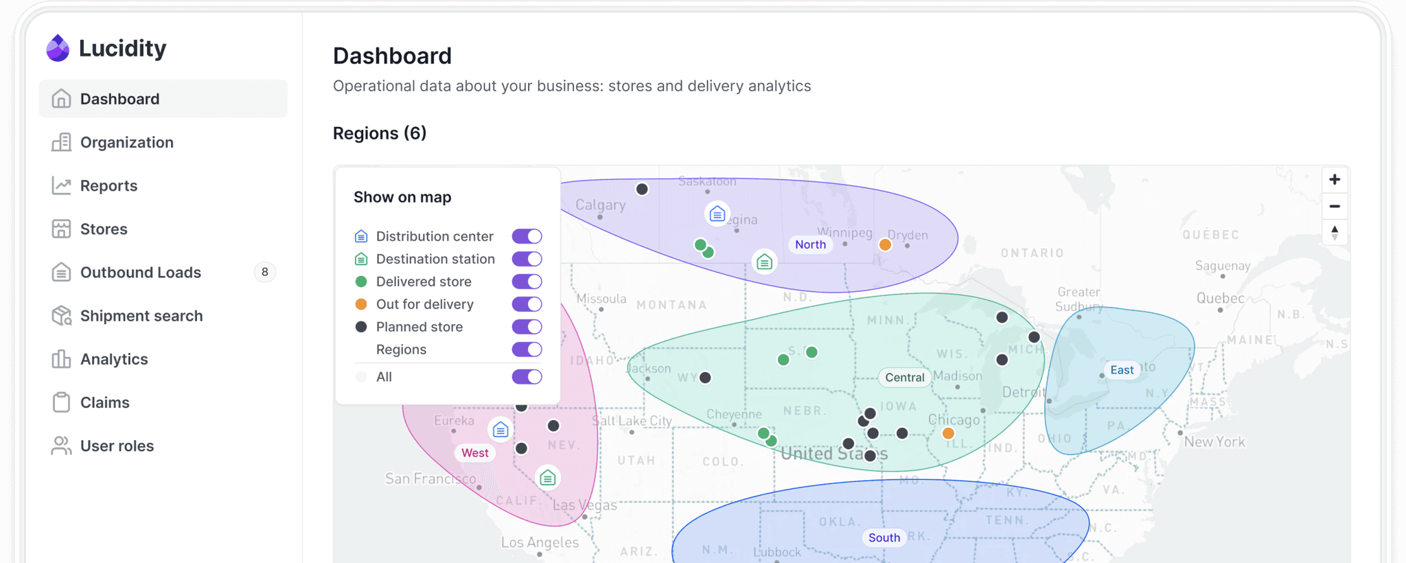 Lucidity real-time transportation visibility dashboard showing carton tracking and analytics